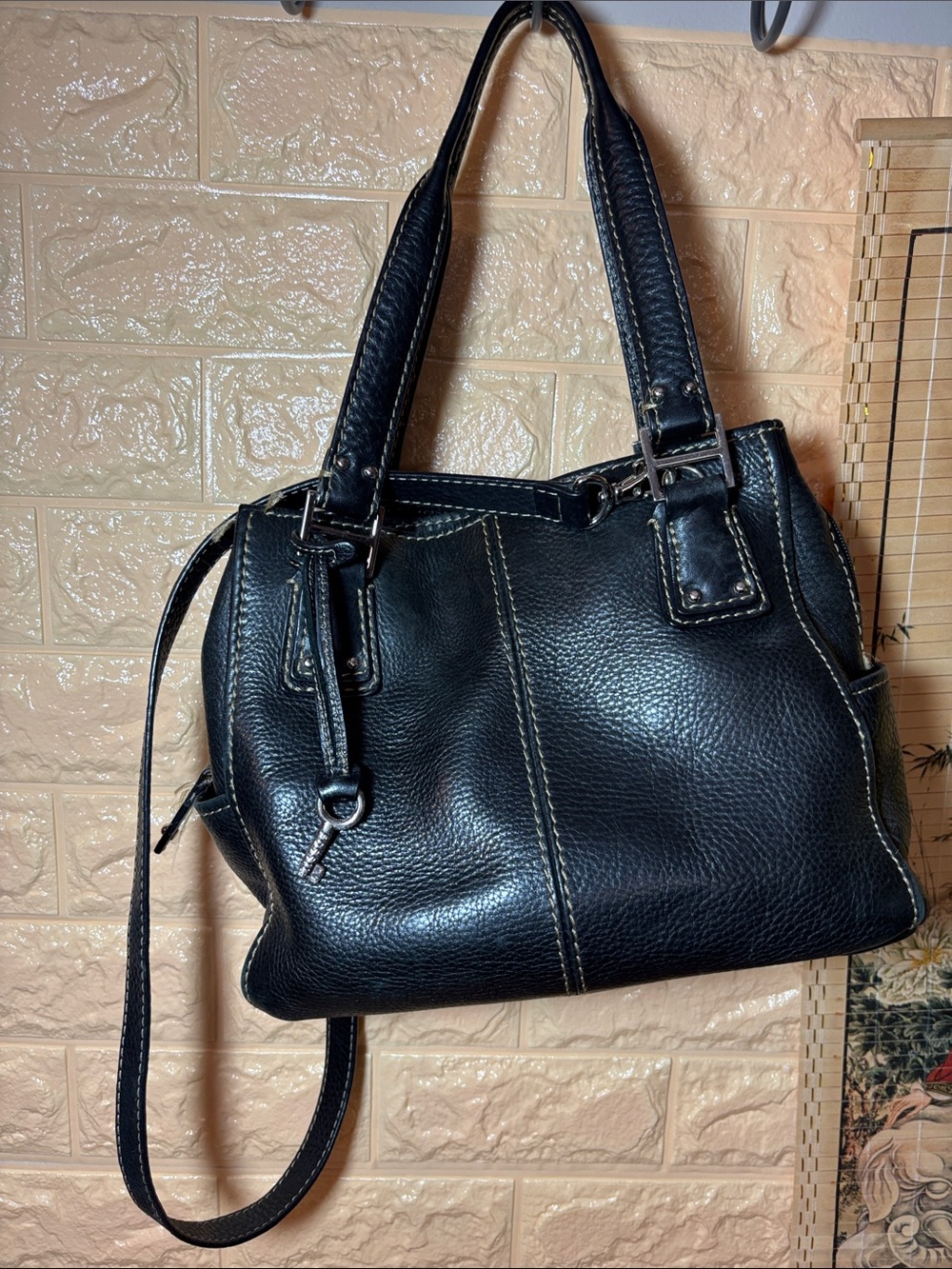 Fossil Leather Bag Bright Black Pebbled Satchel w Silver w Shoulder Strap - Picture 16 of 17